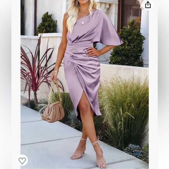 NWT ANRABESS Women's Satin Short Sleeve One Shoulder Cocktail Party Midi Dress - Picture 2 of 13